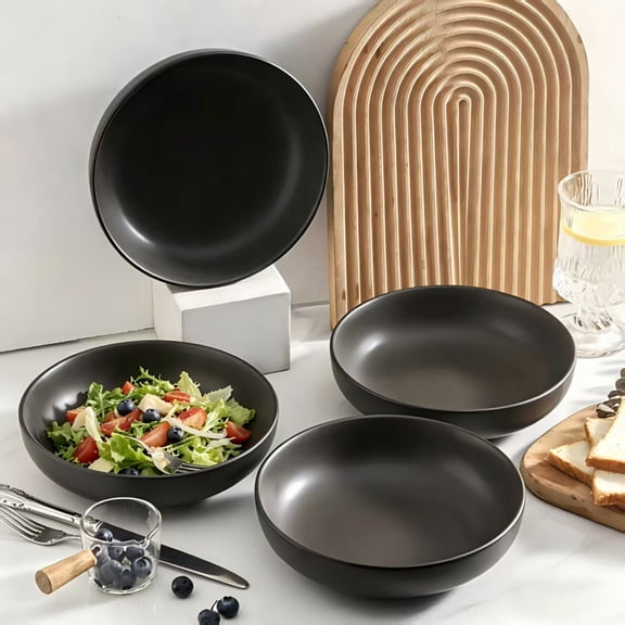 Tikooere Pasta Bowls Wide Shallow Stoneware Ceramic Matte Black Microwave Dishwasher Safe Set of 4, 34 oz Large