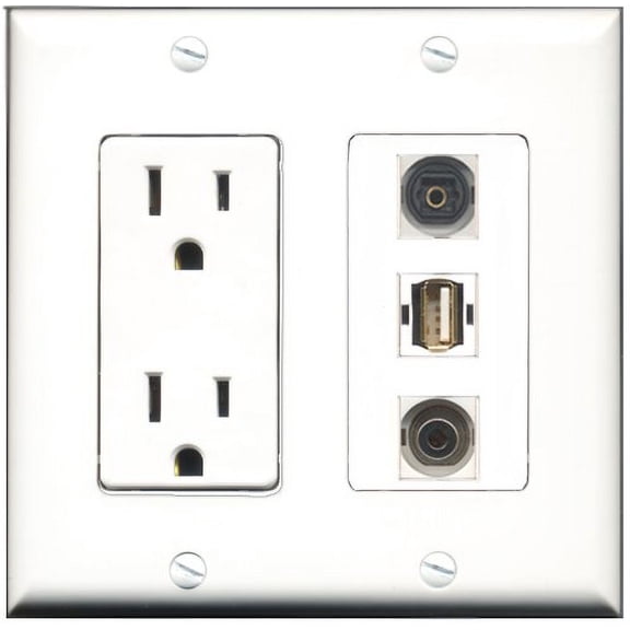 RiteAV - 15 Amp Power Outlet 1 Port USB A-A 1 Port Toslink 1 Port 3.5mm Decorative Wall Plate