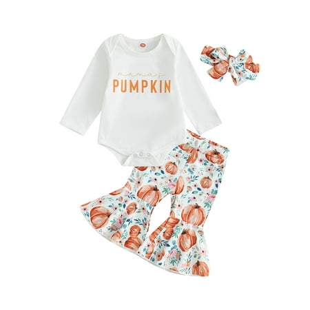 

GXFC Infant Girls Halloween Outfits Clothes 6M 9M 12M 18M Baby Girls Long Sleeve Letter Rompers Pumpkin Print Flare Pants Headband 3Pcs Halloween-themed Clothing for Newborn Girls