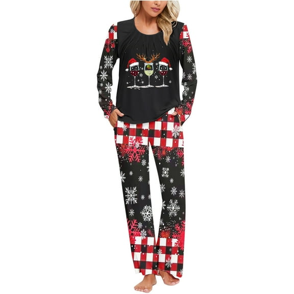 Lorytime Christmas Pjs Women Set Red Wine Glass Long Sleeved Crew Neck Tops Elastic Waist Pants Cozy Winter Sleepwear