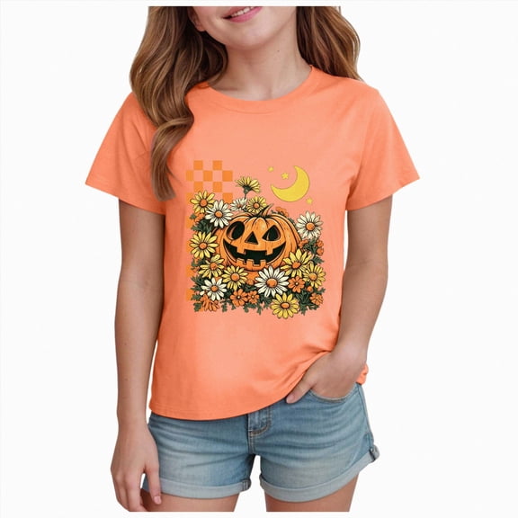 Wonitaaizi Girls Halloween Tshirt Kids Pumpkin Face Graphic Tshirt Tee Funny Print Short Sleeve Tops (13-14 Years,Orange)