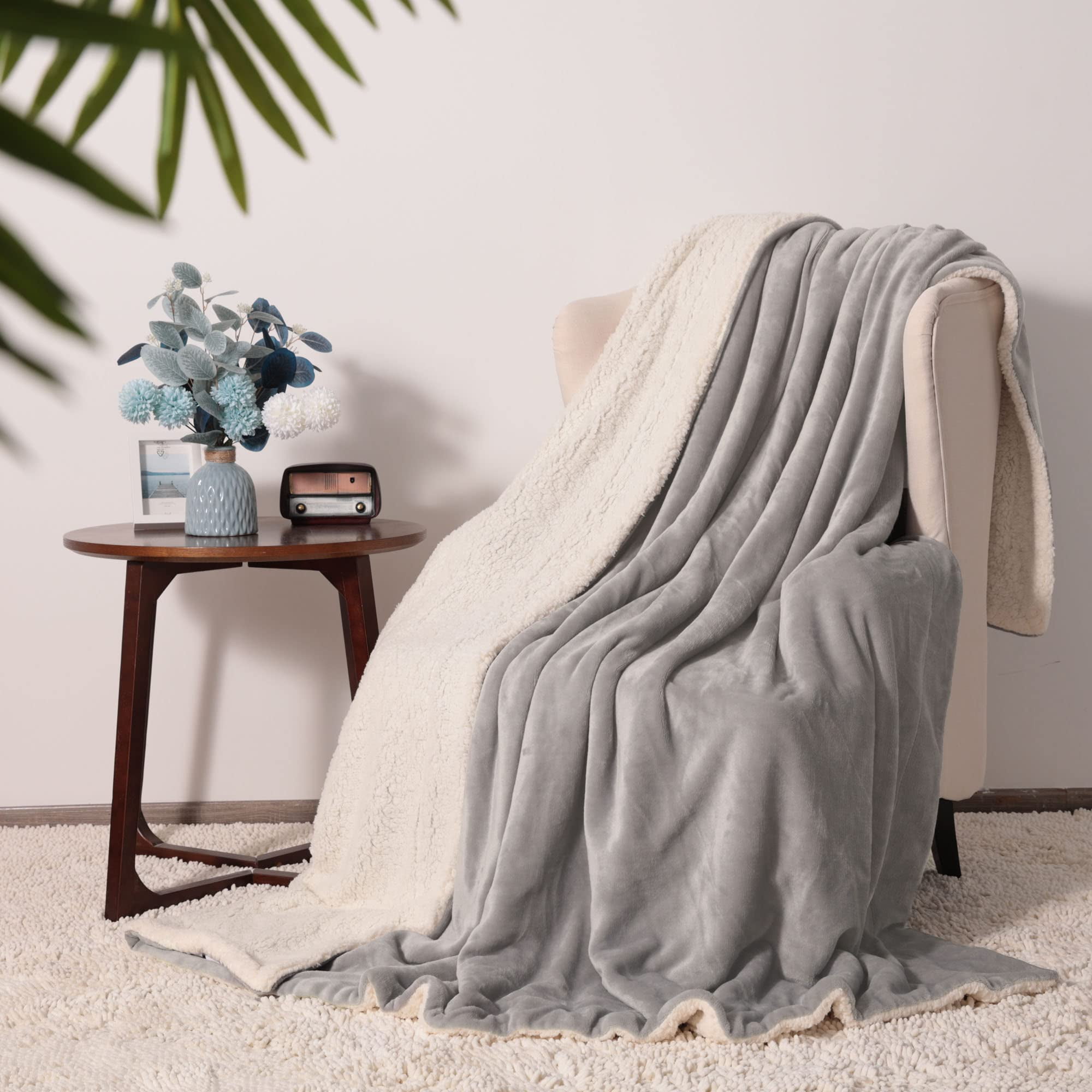 MOSHU Double Sided Sherpa Flannel Light Grey Bed Blanket, Reversible, Soft, Fluffy