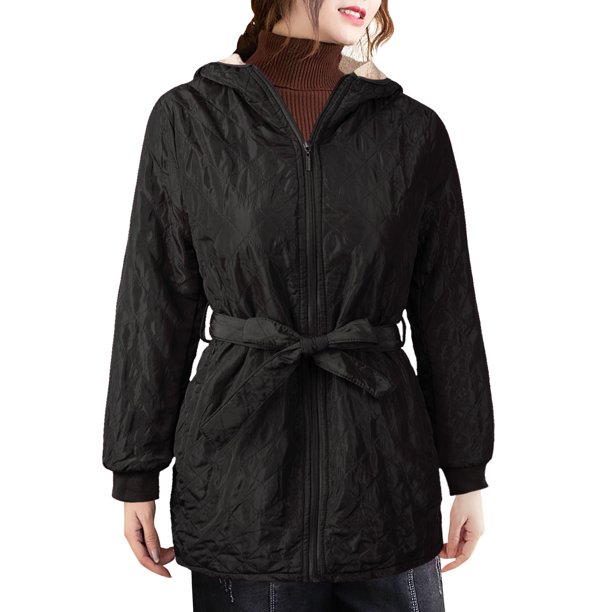 Moda mujer abrigo de invierno color sólido con capucha manga larga forro polar con cremallera bolsil Abanopi Negro/Extragrande