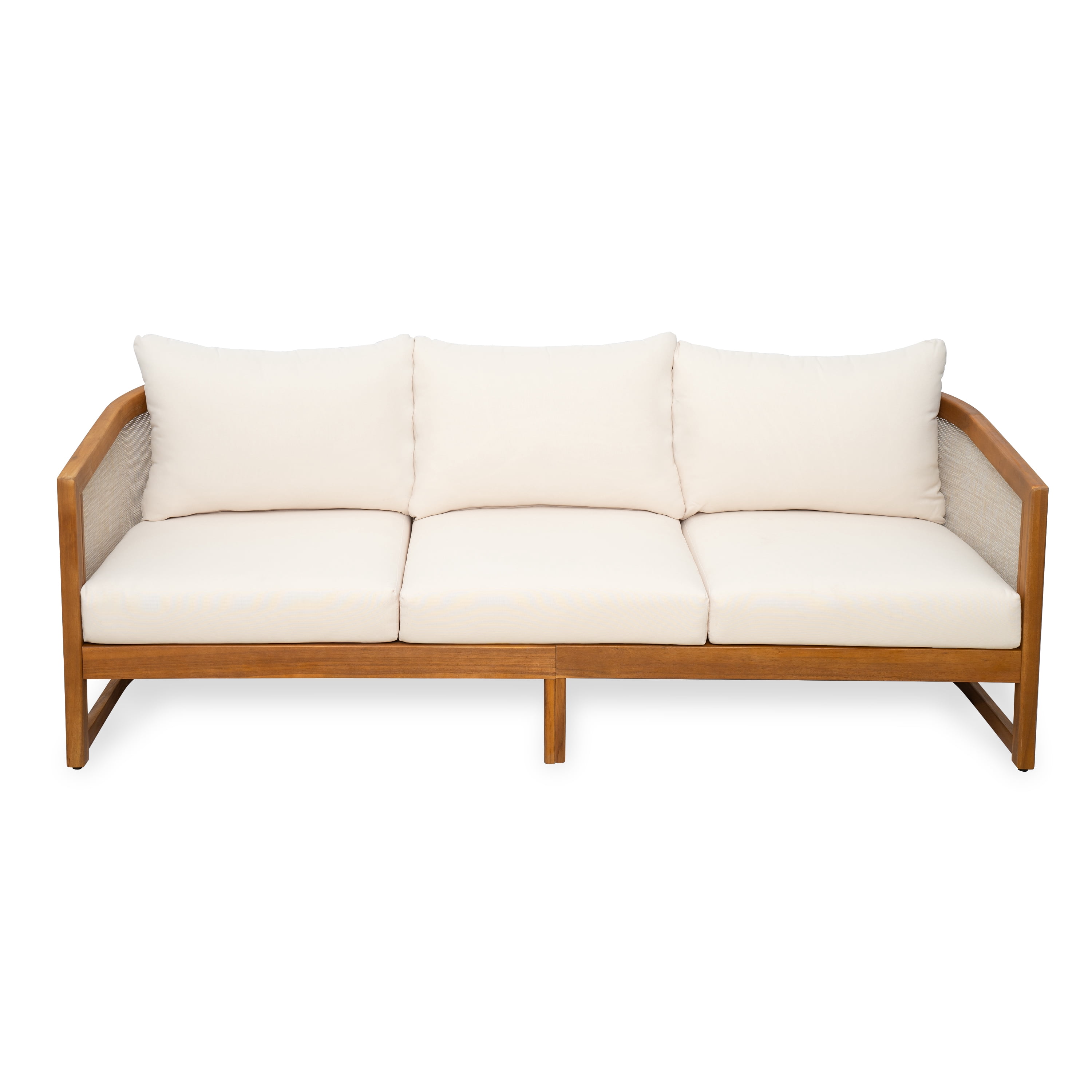 Euroco 3 Seater Outdoor Sofa Couch,Acacia Wood Patio Sofa Furniture with Cushions and Deep Seat for Garden Backyard Porch,Beige