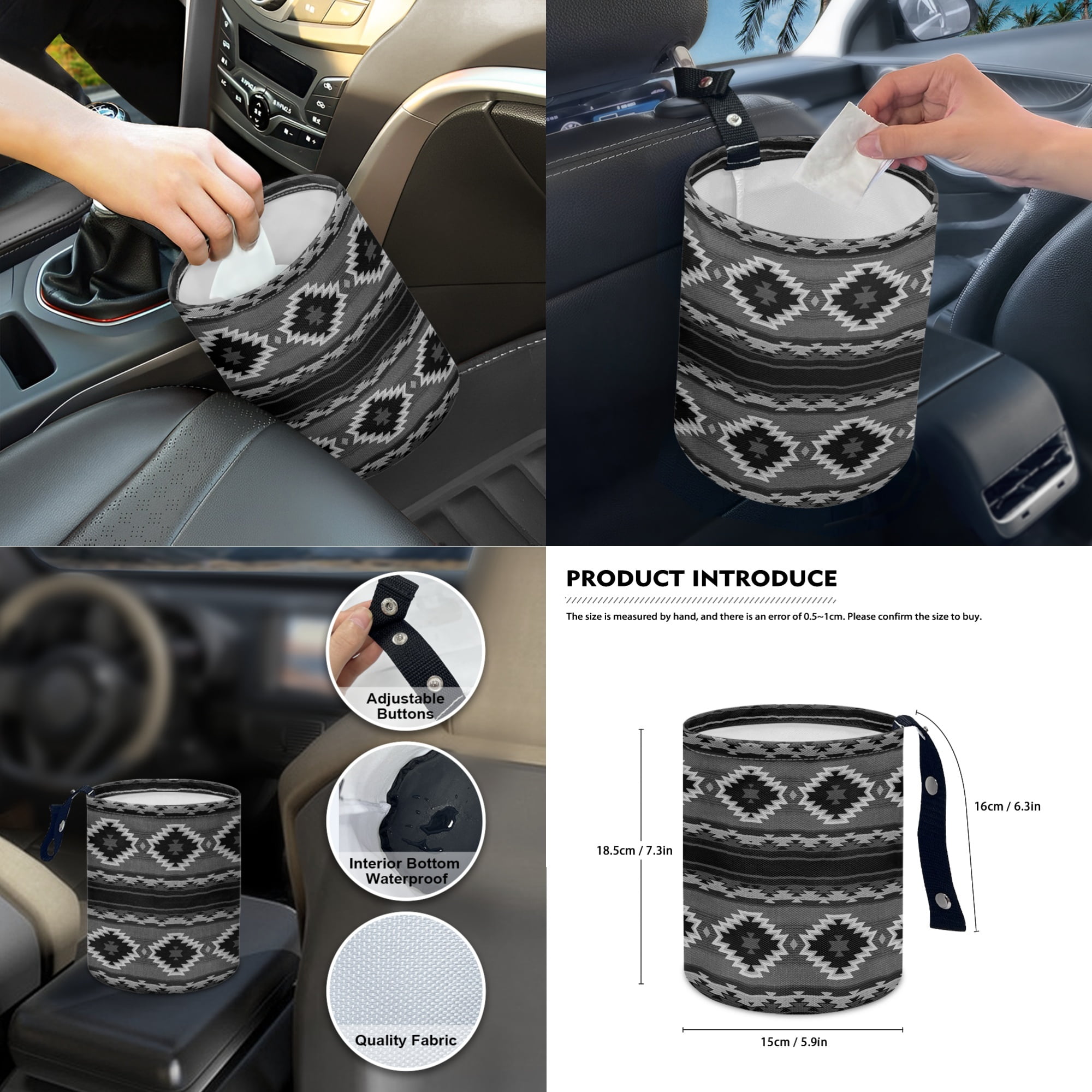Renewold American Tribal Black Grey 14 PCS Car Seat Cover Full Set, Steering Wheel Seat Belt Rear View Mirror Center Console Cover Trash Can Coaster Gear Shift Knob Cover Set Universal Fit