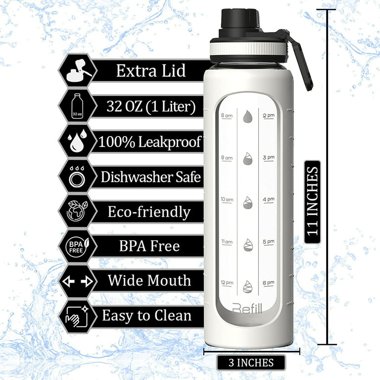 32 oz Glass Water Bottle with Time Marker Reminder and Silicone Sleeve  (WHITE with EXTRA LID) - Reusable, Wide Mouth, Leakproof, 1 Liter Glass  Drinking Bottle, Motivational Water Bottles for Hydration 