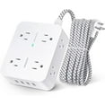 thumbnail image 1 of Tira de alimentación con protector contra sobretensiones: 8 tomas amplias con 4 puertos de carga USB, extensor de 3 salidas laterales con cable de extensión trenzado de 5 pies, enchufe plano, soporte, 1 of 3