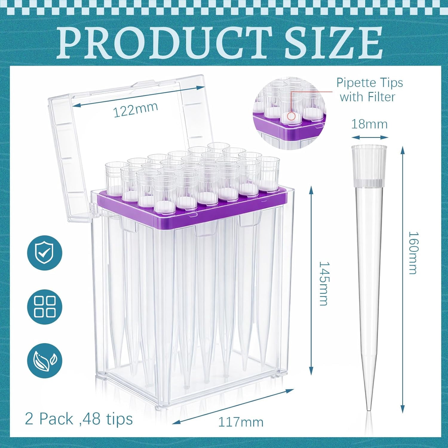 2 sets of 10ml laboratory pipettes with filter, including 48 pipettes, universal type, transparent