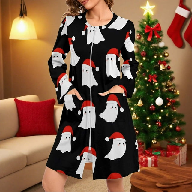 Batas Ropa de casa navideña para mujer, pijamas casuales sueltos de manga larga, batas de baño y camisones Pijamas de mujer