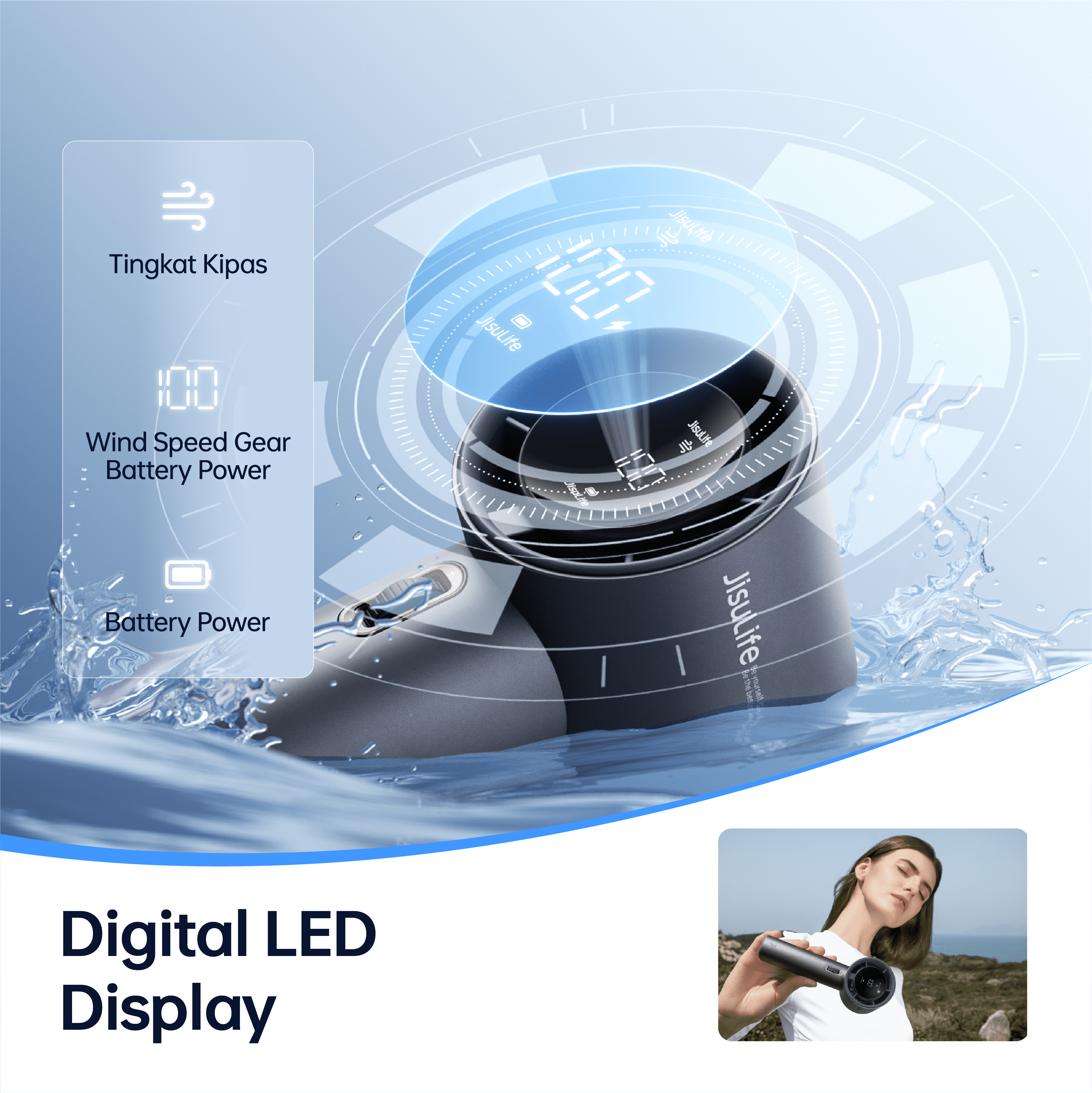 JISULIFE Portable Handheld Fan, Turbo Power High Speed Air [15Hrs Cooling], 100 Speeds, 5000mAh USB Rechargeable Mini Personal Fan, Digital Display, Gift for Travel/Outdoor -Grey