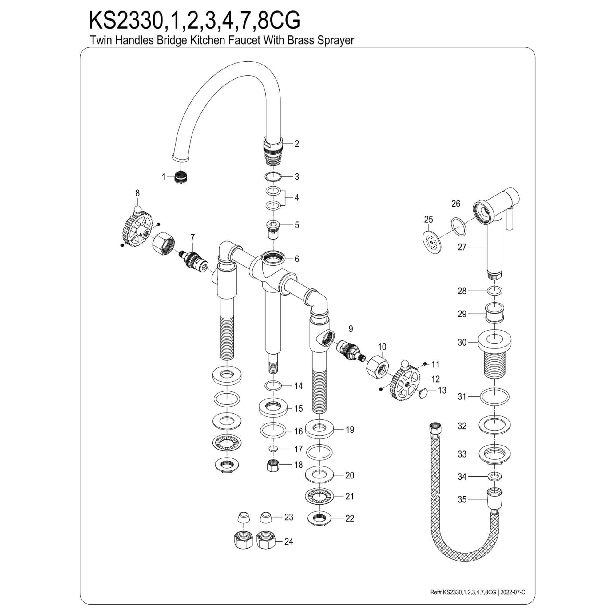 Kingston Brass KS2334CG Fuller Two-Handle 4-Hole Deck Mount Industrial Style Bridge Kitchen Faucet with Brass Side Sprayer in Black Stainless