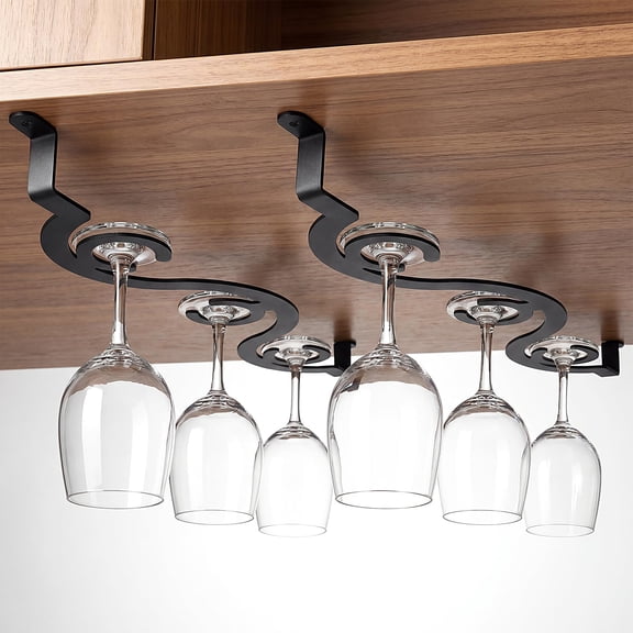 Under Cabinet Wine Glass Rack/Stemware Holder, 15.35 inch Glass Storage Hanger Organizer, for Kitchen and Bar, 2 Pack (Black)