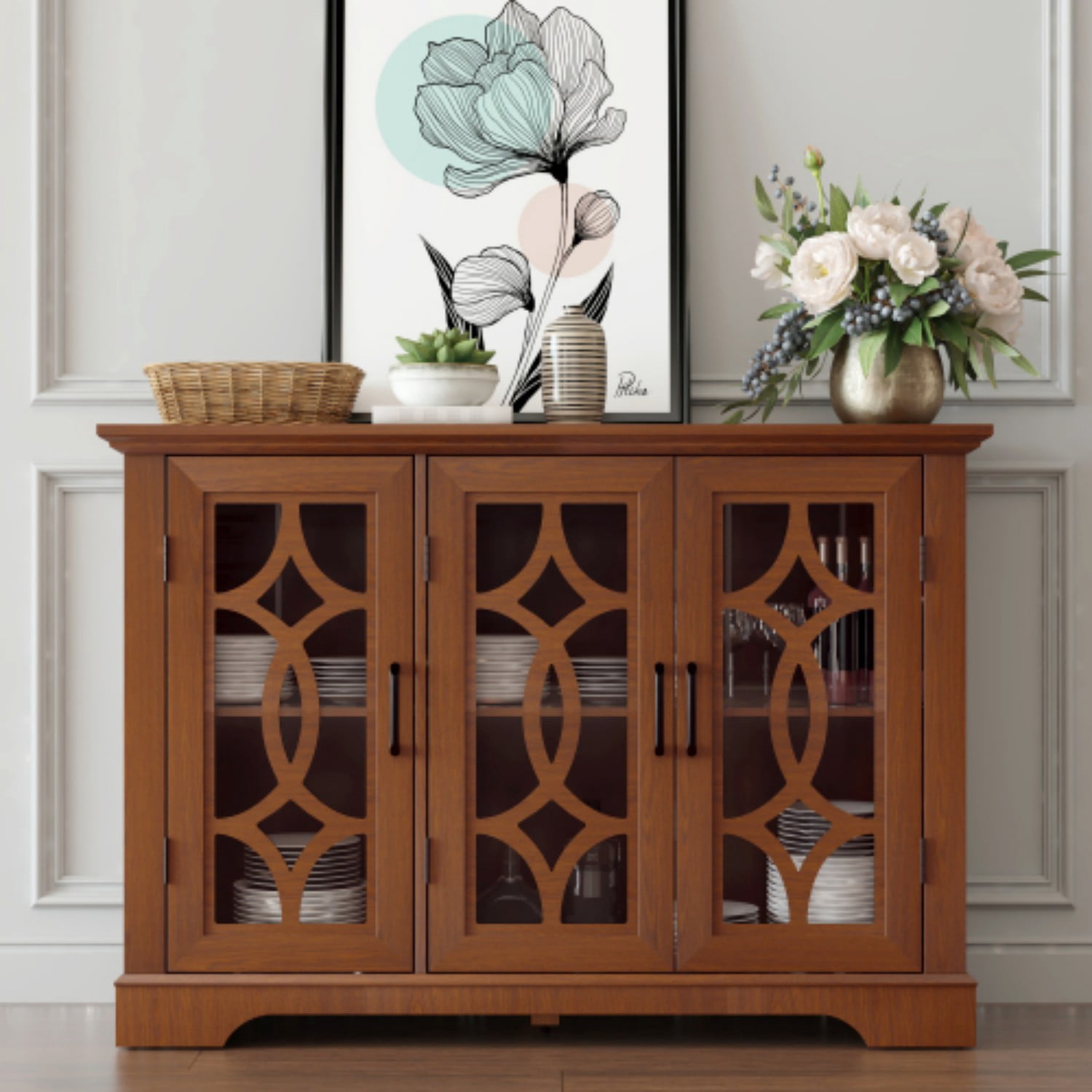 48.66" 3-Door Glass Sideboard Buffet Cabinet, MDF Storage Credenza with Adjustable Shelf, Tempered Glass Display Cabinet for Dining Room Kitchen Living Room, Dark Oak