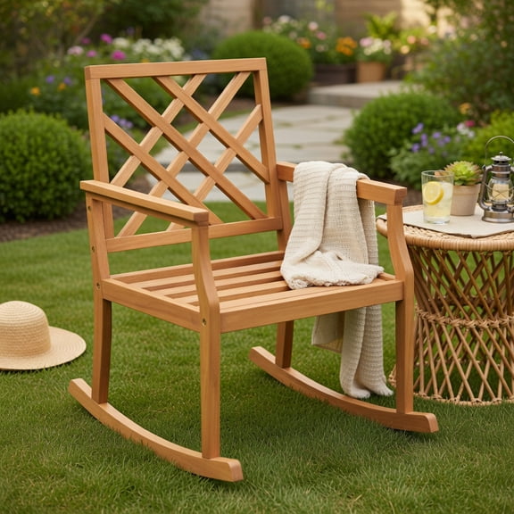 Resenkos Rocking Patio Bistro Outdoor Chairs,Teak Wood Rocking Chair with Backrest and Slatted Seat