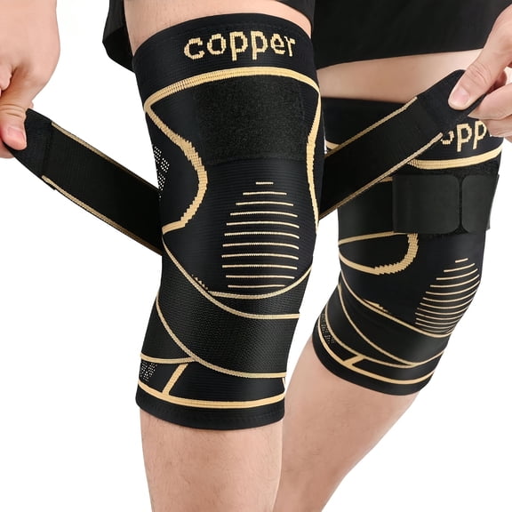 2 Pack Copper Knee Braces with Straps for Men and Women, Adjustable Compression Knee Support Sleeves with Anti-Slip Design, Breathable Sports Knee Brace for Running, Fitness, Workout and Daily Activi