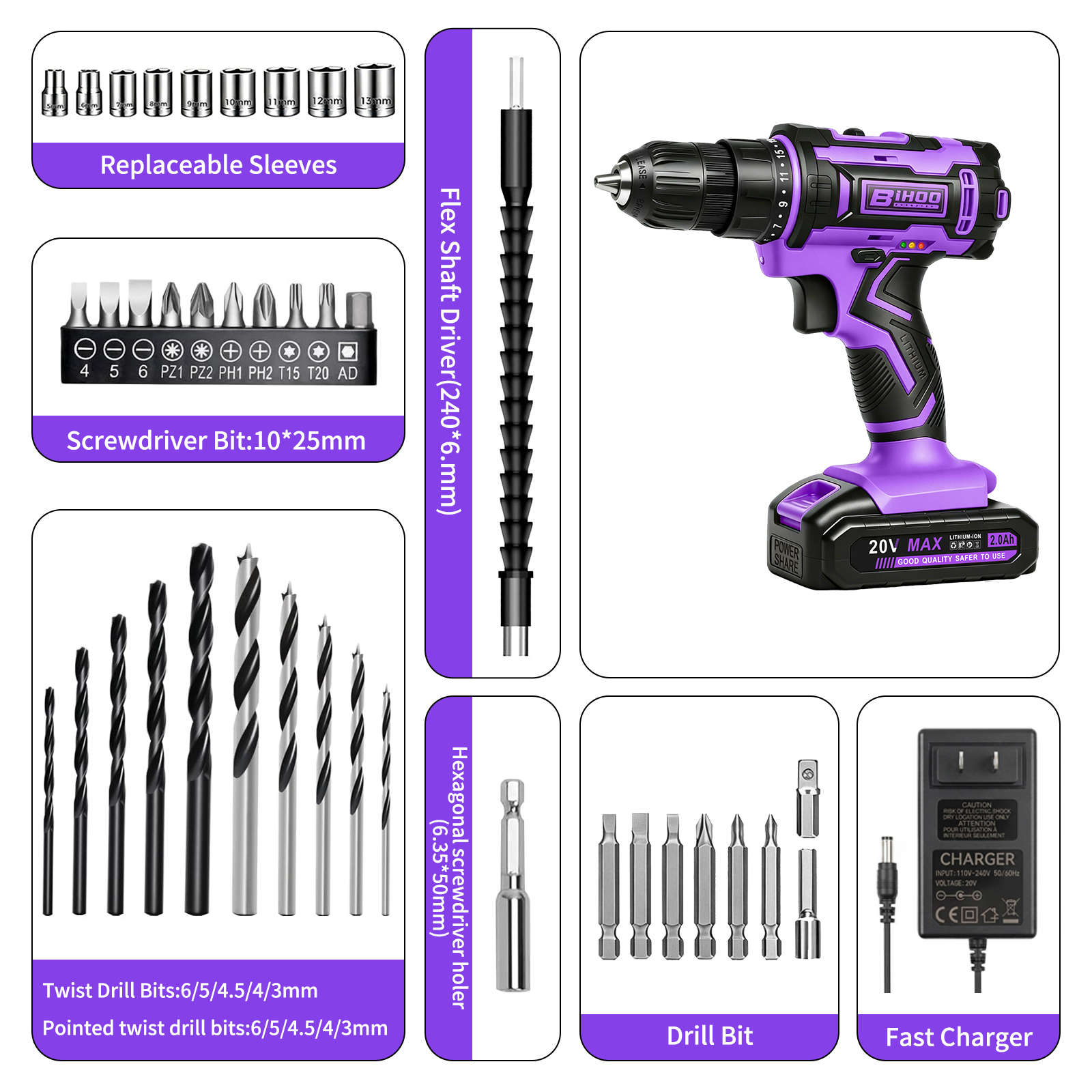 BIHOO 20V Cordless Drill Driver Kit, Purple, for Women photo 7