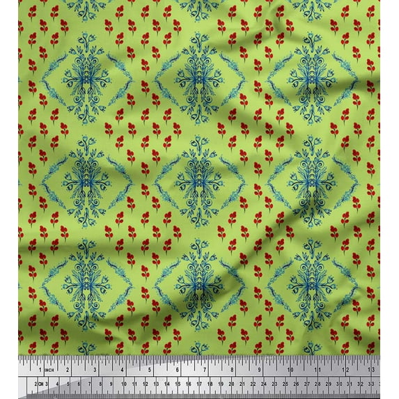 Soimoi Green polyester Crepe Fabric Flower Art & Red Berries Fruits Print Fabric by the Yard 52 Inch Wide