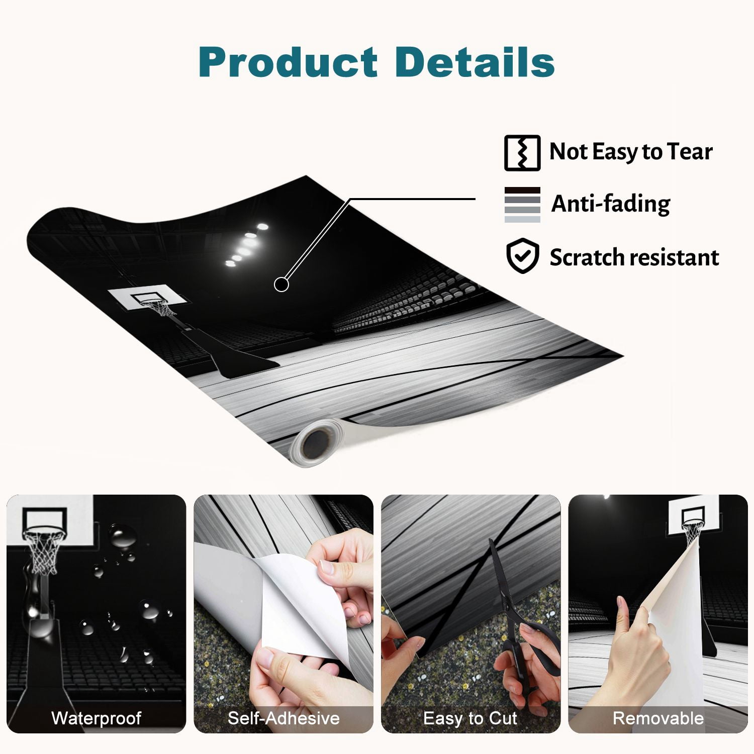 100"x144" Wall Mural Peel and Stick Wallpaper Black White Basketball Court Empty Wooden Floor Spotlights Wall Decor Self Adhesive Removable Wall Stickers for Bedroom Living Room