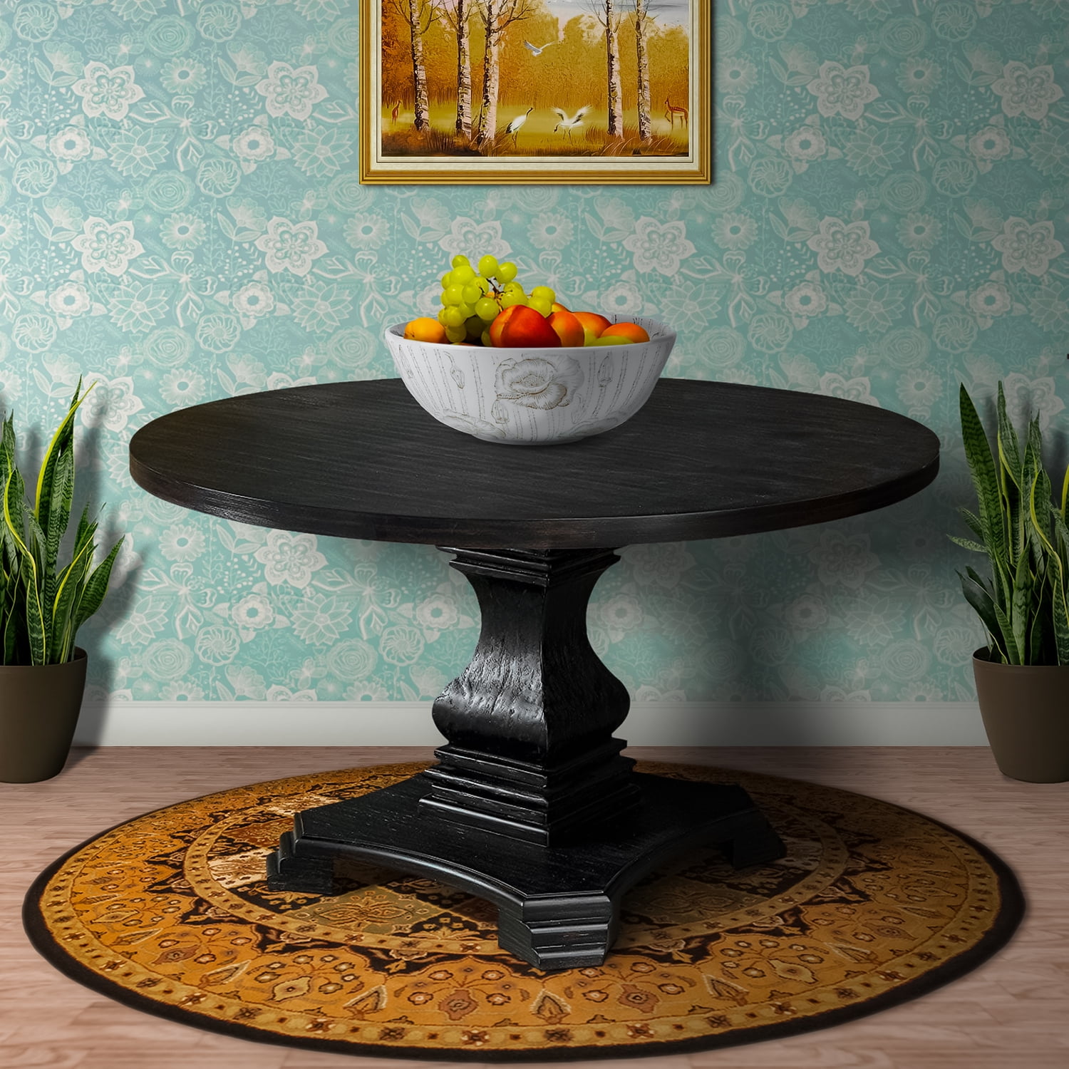 Benjara 48" Traditional Solid Wood Dining Table with Round Top in Black