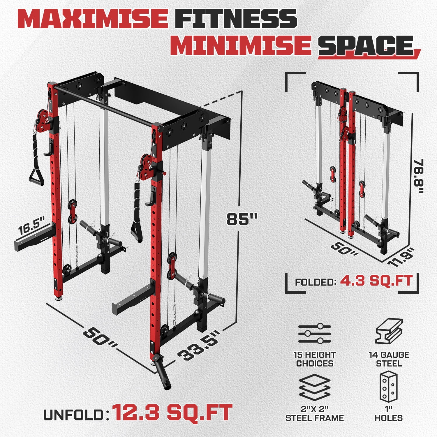 Wall Mounted Folding Squat Rack,1200 LBS Power Rack with Dual Independent Pulley System, 5 Adjustable Modes, Functional Trainer for Space Saving Home Gym with 1000 LB Weight Bench and Barbell ,Red