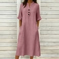 thumbnail image 2 of jtjvou 3/4 Sleeve Cotton Midi Dress for Women Summer Loose Button Up Stand Collar Beach Vacation A-Line Dresses with Pockets Pink L, 2 of 6