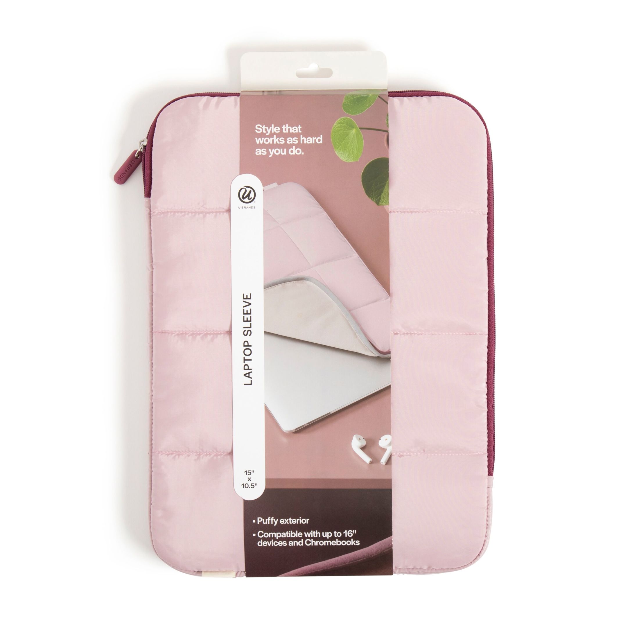 U BRANDS Nylon Puffer Laptop Sleeve, 15 inch, Rose Pink photo 8