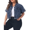 thumbnail image 4 of Agnes Orinda Women's Plus Size Denim Jacket Short Sleeves Button Down Cropped Jean Jackets 3X Snow Washed Blue, 4 of 6