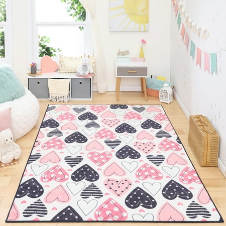 Mohawk Home Prismatic Lovely Hearts Pink Precision Printed Area Rug, 5'x7', Pink & White