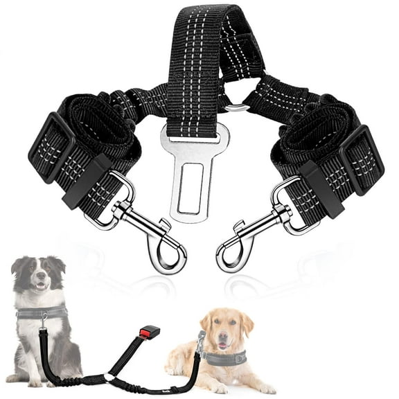 Double Dog Car Seatbelt, Dual Pet Vehicle Safety Seat Belt Adjustable Double Dog Coupler Lead Stripe Two Pets Car Trip Travel