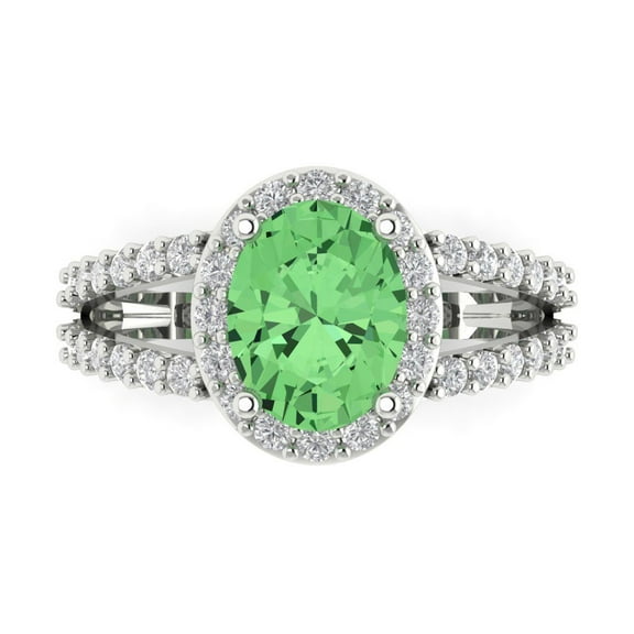 2.78ct Oval Cut Green Crystal 14k White Gold Engraving Statement Bridal Wedding Halo Designer Ring Size 7.5