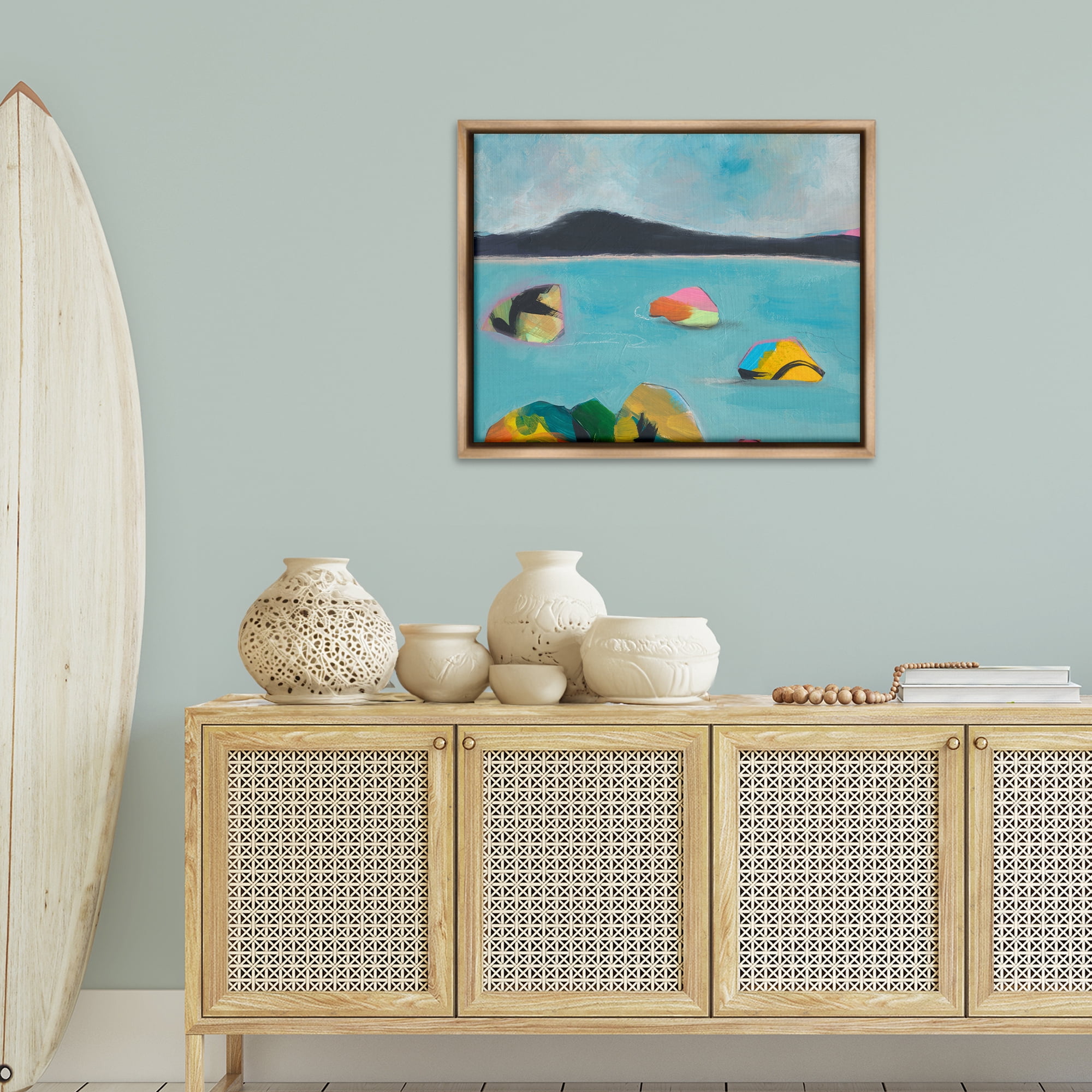 Stupell Industries Abstract Sea Buoys Landscape & Nature Painting Brown Floater Framed Canvas Art Print Wall Art, 31 x 25