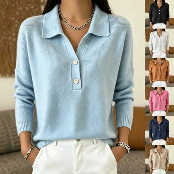 Sweater for Women Collared V-Neck Polo Pullover Top Long Sleeve Ribbed Knit Casual Fall Blouse