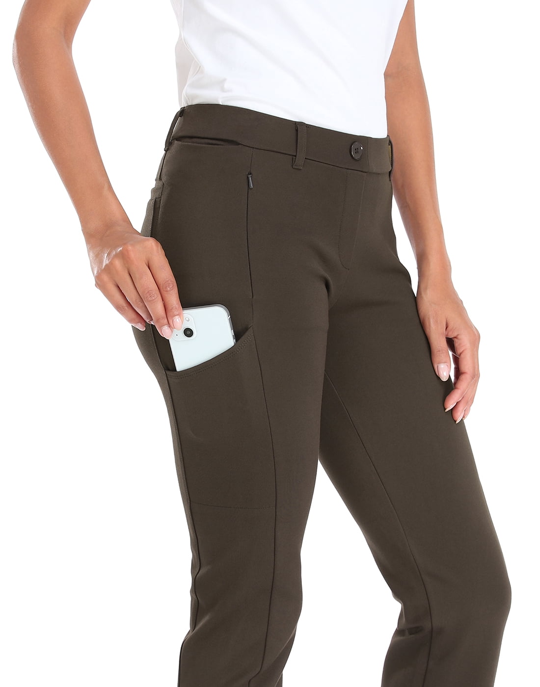 HDE Yoga Dress Pants for Women Straight Leg Pull On Pants with 8 Pockets Brown - XXL Regular