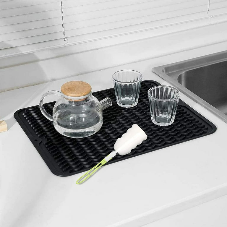 Silicone Dish Drying Mat - Drain Hole, Non-Slip, Heat Resistant, Foldable.  Great for Dishes, Kitchen Sink, Counter Top, Fridge Drawer Liner or Trivet
