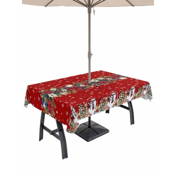 Outdoor Tablecloth with Umbrella Hole and Zipper, Christmas Red Rectangle Table Cloth 52x70 Inch Waterproof Tablecloth, Xmas Snowman Poinsettia Flower Winter Snowflakes Picnic Table Cover for Patio