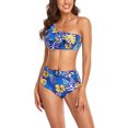 thumbnail image 3 of Traje de baño de poliéster con cintura alta y control de abdomen, azul/amarillo, para fiestas y spa, conjunto de bikini con volantes florales XL, 3 of 6