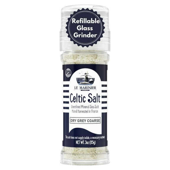Le Marinier Celtic Salt Dry Grey Coarse, 3oz Refillable Glass Grinder. Mineral Rich 100% Natural and Unrefined. Coarse Sea Salt Organic. Hand Harvested Mineral Salt (3oz Dry Grey Coarse)