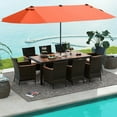 thumbnail image 3 of Costway 9 PCS Patio Wicker Dining Set with Double-Sided Outdoor Umbrella 8 Stackable Chairs Orange, 3 of 9