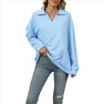 thumbnail image 3 of Camisetas para Mujer, de Larga, con Banda en la Parte Inferior, Informales, de Negocios, con Cuello en V Azul S, 3 of 10