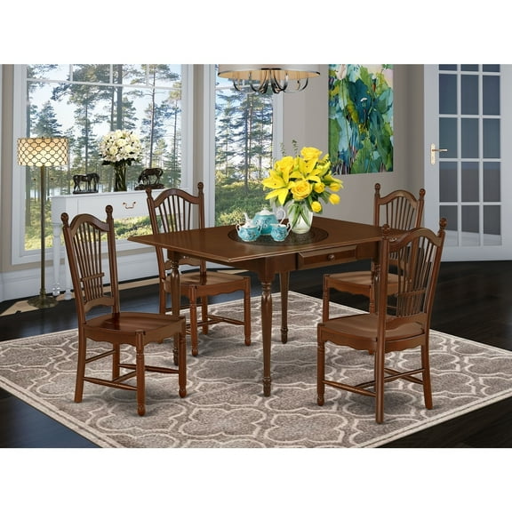 Homestock Antique Appeal 5 Piece Modern Dining Table Set Offers A Dining Room Table And 4 Kitchen Chairs With Solid Wood Seat, Drop Leaf Table With Panel Back Chairs, Mahogany Finish