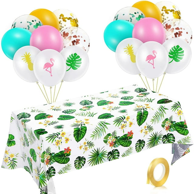 Hawaiian Tablecloth Hawaii Luau Tropical Party Decorations Include 18 Pieces Hawaii Colorful Balloons, Plastic Rectangular Palm Leaves Table Covers and Ribbon Tropical Party Supplies - -