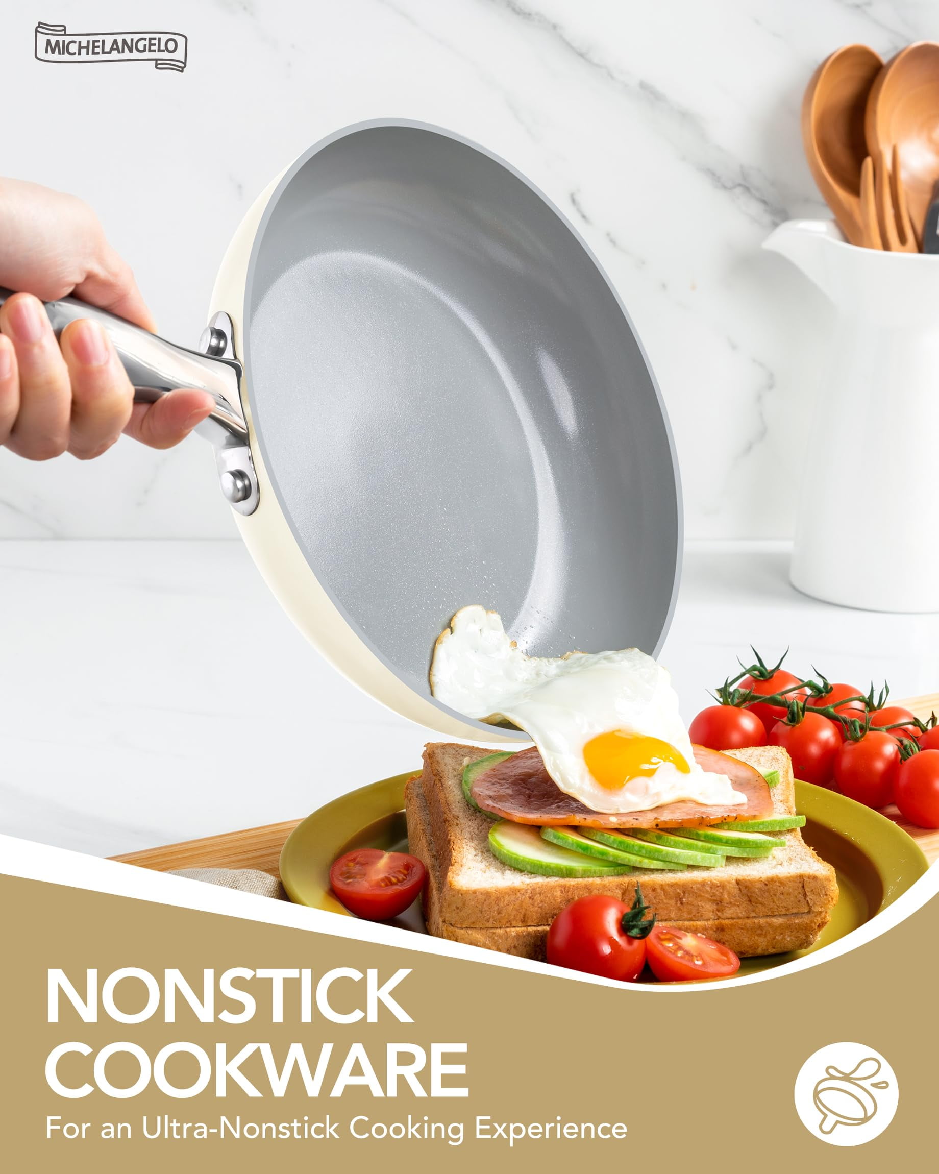 MICHELANGELO Pots and Pans Set Non Stick - Ceramic Cookware Set, 8-Pcs Nonstick Pots and Pans with Ergonomic Handle, Dishwasher Safe & Induction Compatible, Cream