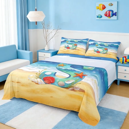 Manfei Cartoon Initial S Beach Seashell Starfish Full Size Sheets for Kids Boys and Girls Nautical Alphabet Print Bed Sheets 4-Piece 1 Flat Sheet 1 Fitted Sheet and 2 Pillowcases