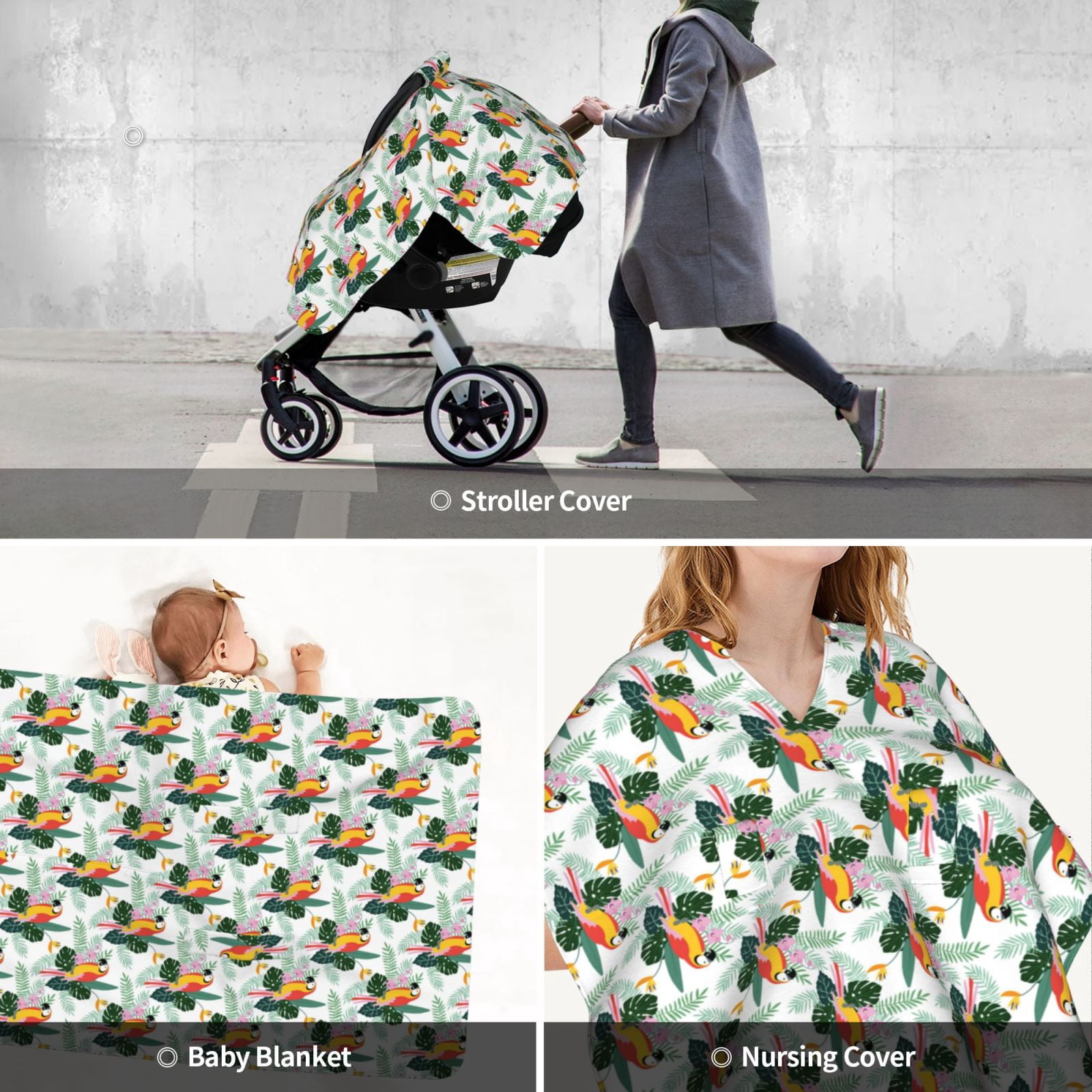Car Seat Cover Baby - Colorful Parrot Flower Palm Leaf Breathable Infant Car Seat Cover for Baby Carseat, Lightweight Comfort Baby Essentials Must Haves Newborn Stuff for Girl Boy