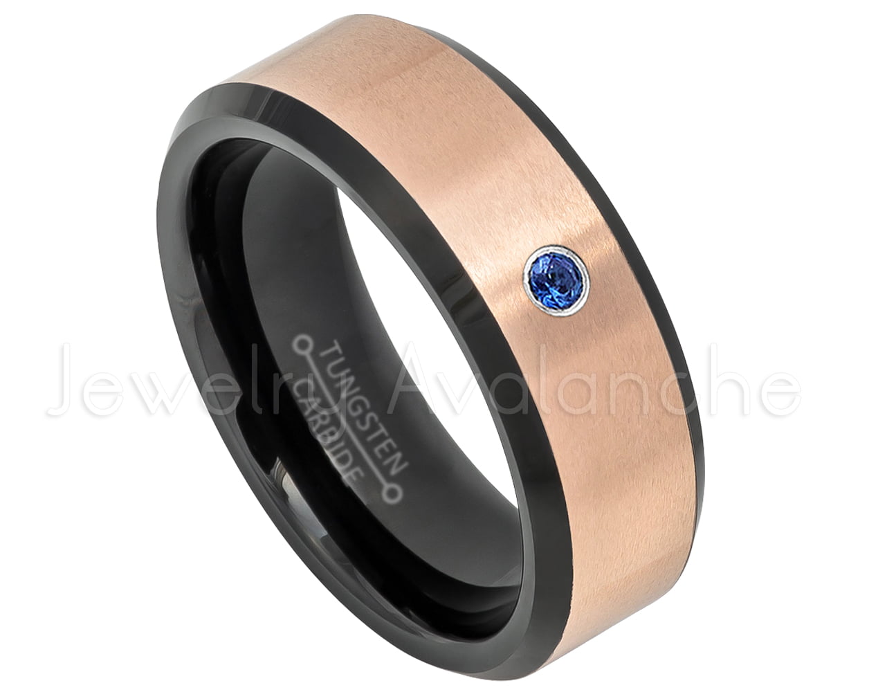 0.07ct Blue Sapphire Solitaire Titanium Ring 8MM Black Ion Plated & Rose Gold Plated Beveled Edge Comfort Fit Titanium Wedding Band September Birthstone Ring