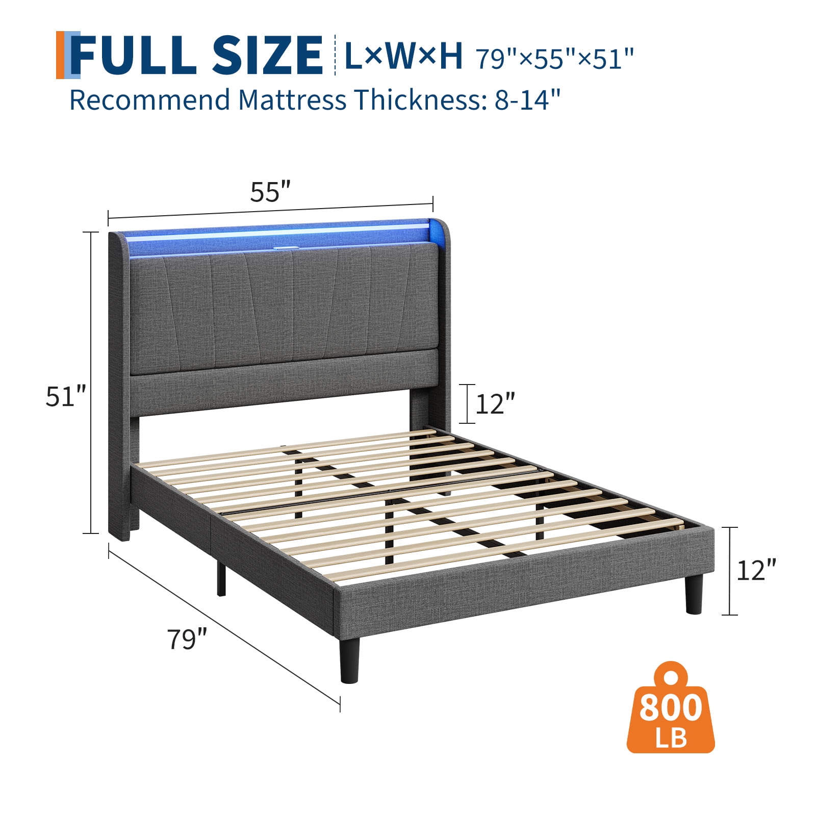 Full Size Bed Frame with LED Lights and Charging Station, Fabric Upholstered Platform Full Bed Frame with Headboard, No Box Spring Needed Bedframe, Noise Free, Easy Assembly, Gray