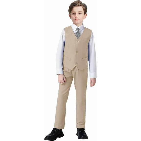 Lycody Boy 4-Piece Formal Suit Set for Kids Tuxedo Suits for Wedding Formal Suit Set Toddler Boy Dress, Boys Classic Formal Suit Set Size 2-20, Adjustable Waist