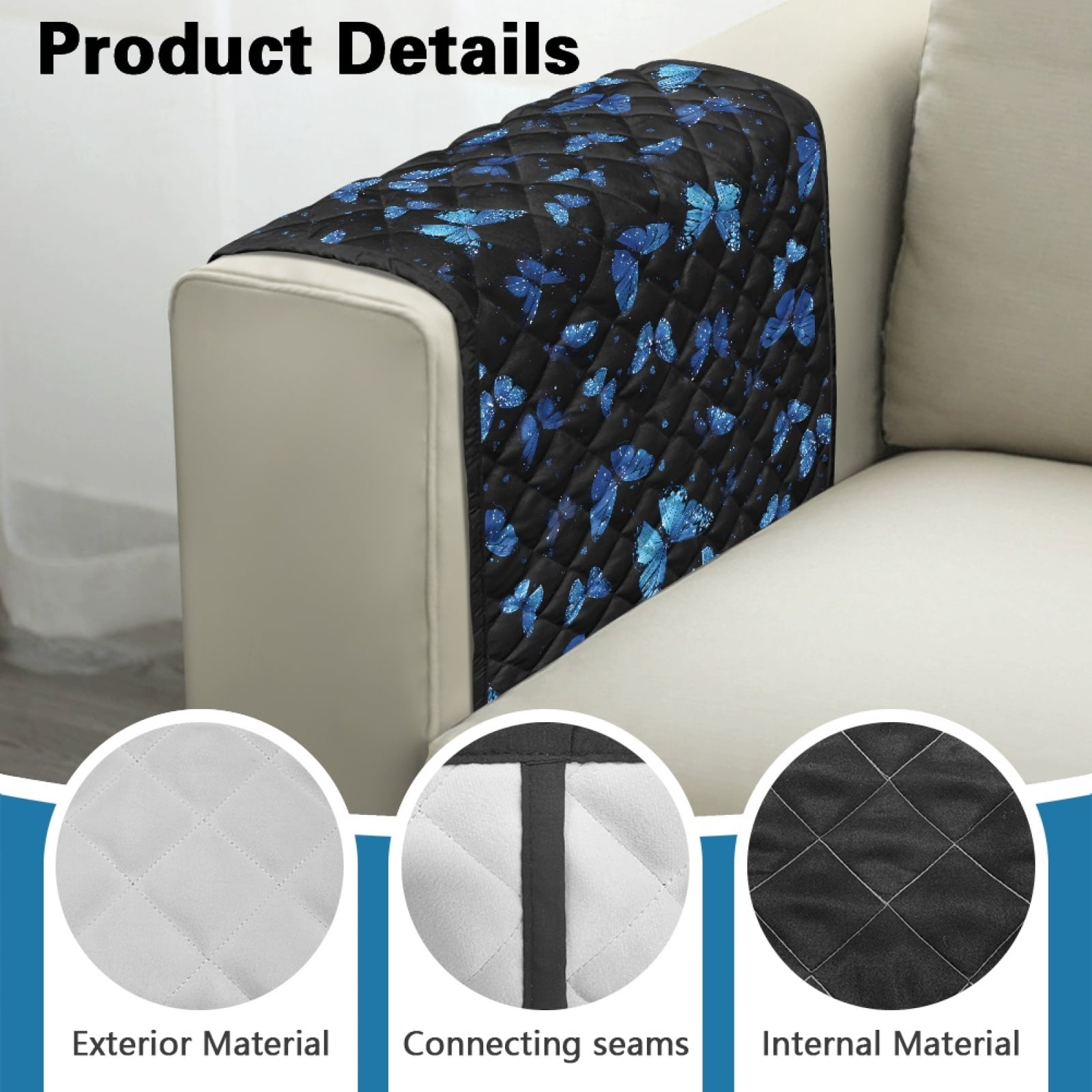 TSOVTHRID Blue Butterfly Glitter Print Sofa Armrest Cover Washable Armchair Slipcovers with Side Storage Pocket Couch Arm Protector Non-Slip Chair Arm Covers