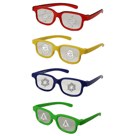 Plastic Christmas Glasses Holiday Eyes - 4 Pairs ADULT Size - See Snowflakes, Christmas Trees, Snowman, Christmas Star