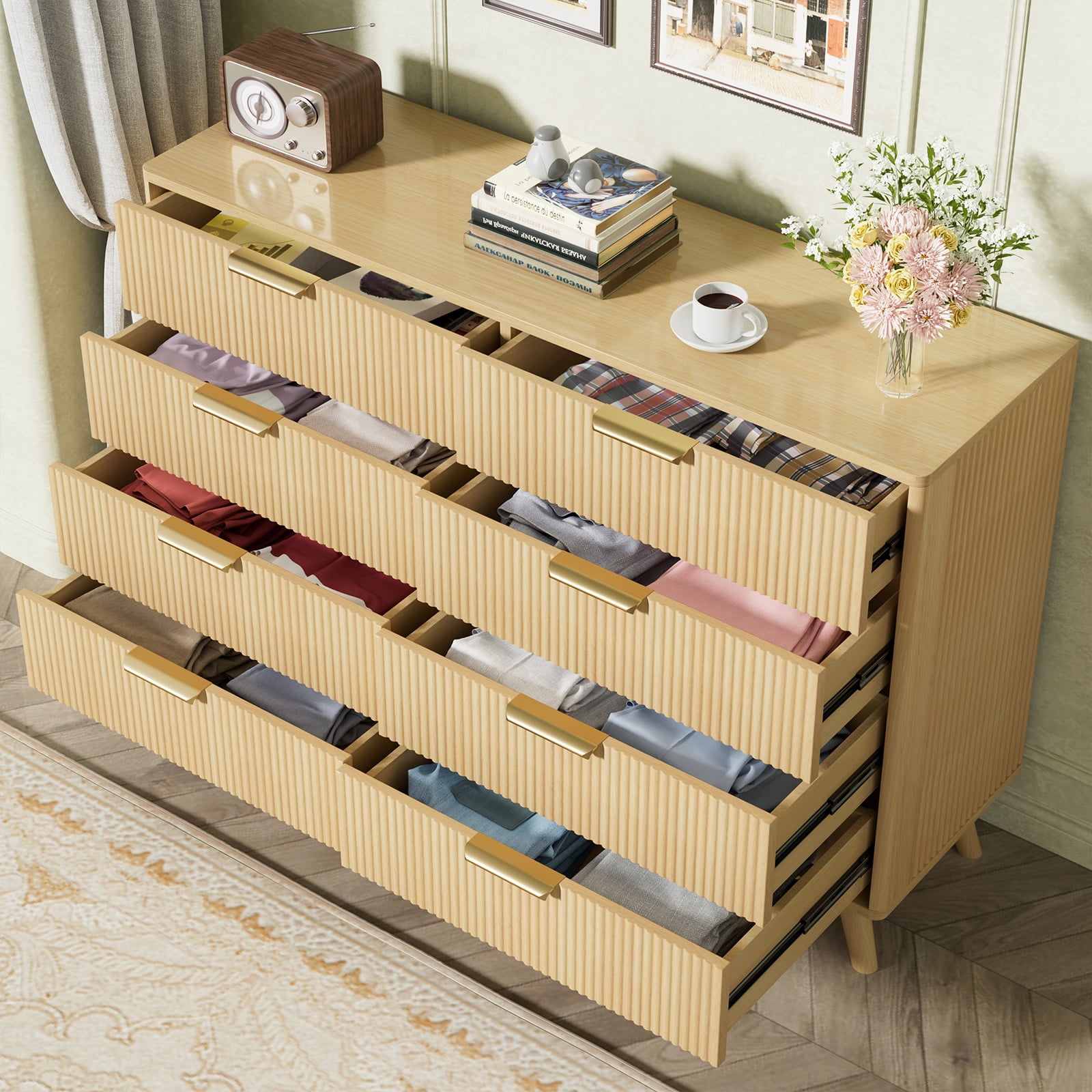 Fluted 8 Drawer Dressers for Bedroom, Wide Wooden Chest of Drawers for Living Room Entryway Hallway, Oak